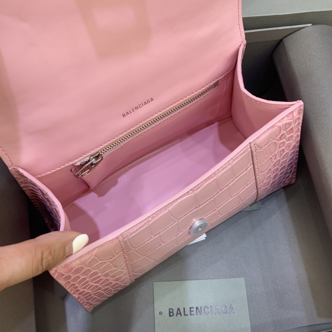 Balenciaga Hourglass XS Handbag Crocodile Embossed Shoulder Bag Light Pink